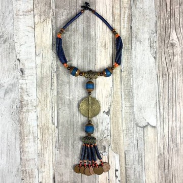 African blue necklace withbrass and coins handmade by dazzling gypsy queen at www styletrash nl kenya