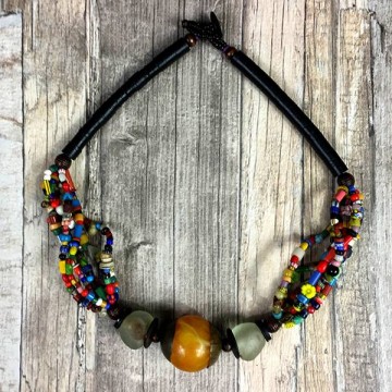 African necklace with multi beads and yellow amber handmade by dazzling gypsy queen at www styletrash nl efua