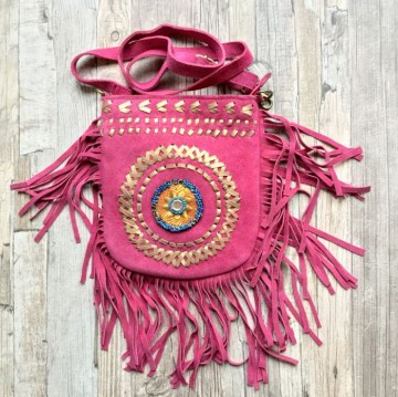 Banjara bag small   pink suede met franje styletrashnl   17 12 047