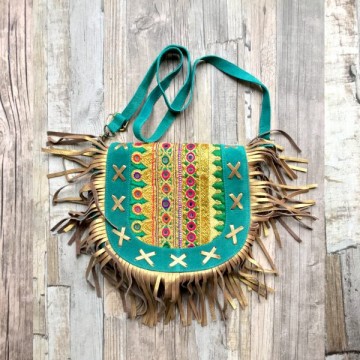 Banjara tas - Gypsy Boho Turquoise Ibiza tas van suede met franjes van goud leer - 1