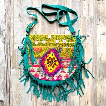 Banjara tas - Gypsy Boho Turquoise Ibiza tas van suede met franjes - 13