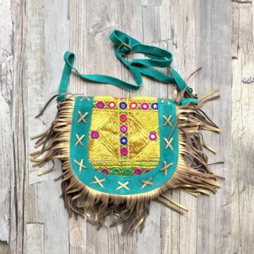 Banjara tas - Gypsy Boho Turquoise Ibiza tas van suede met franjes van goud leer - 4
