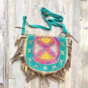 Banjara tas - Gypsy Boho Turquoise Ibiza tas van suede met franjes van goud leer - 5
