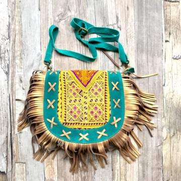 Banjara tas - Gypsy Boho Turquoise Ibiza tas van suede met franjes van goud leer - 6