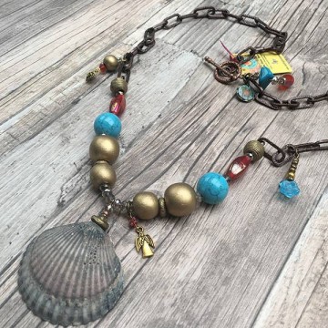 Boho Ketting met houten kralen, Turquoise en schelp hanger @ StyleTrash.nl