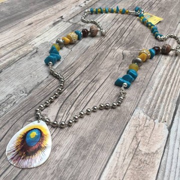 Gypsy Ibiza ketting in geel en turquoise met Pauwenveer hanger @ StyleTrash.nl