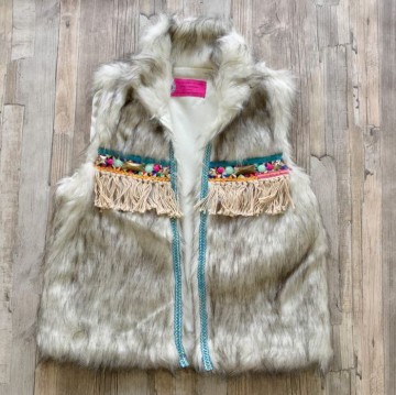 Boho Ibiza Gilet van wit bont met franje en glitterband - 012 @ StyleTrash.nl