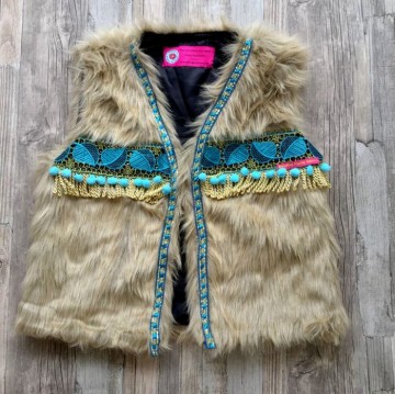 Boho Gilet Bodywarmer van kunstbont met franje en glitterband - 014 @ StyleTrash.nl