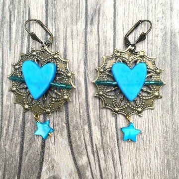 Boho oorbellen brons star met Turquoise hart @ StyleTrash.nl