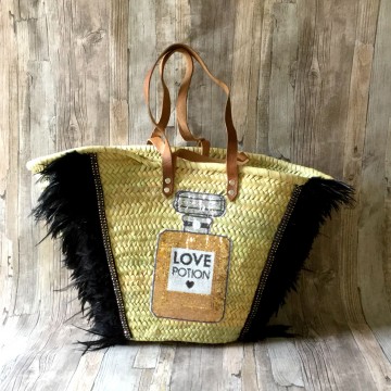 Ibiza strandmand | Ibiza Strandtas | mand handgemaakt met Pailletten applicatie fles en zwarte veren