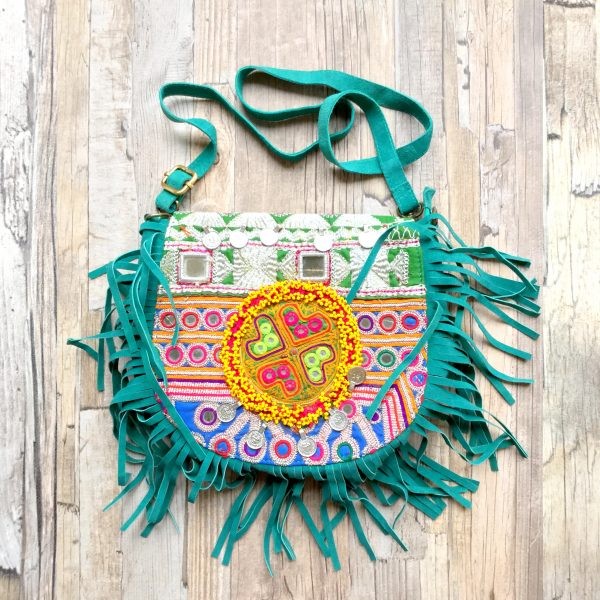 Banjara tas Gypsy Boho Turquoise Ibiza tas van suede met franjes 14