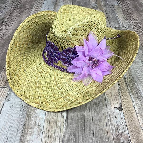 Gypsy strandhoed met paars band grote bloem - StyleTrash Online Boho