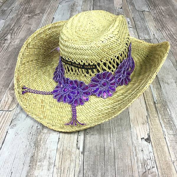 Gypsy strandhoed met paars band grote bloem - StyleTrash Online Boho